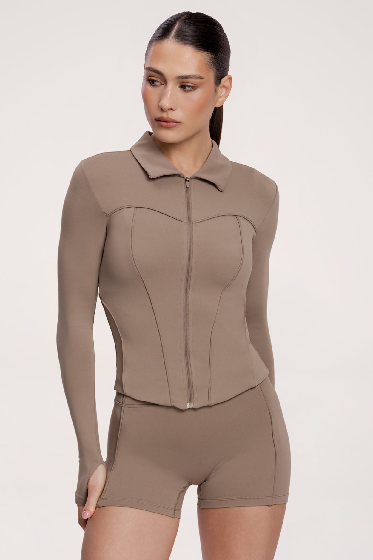 Mikina na zips pilates era warm beige