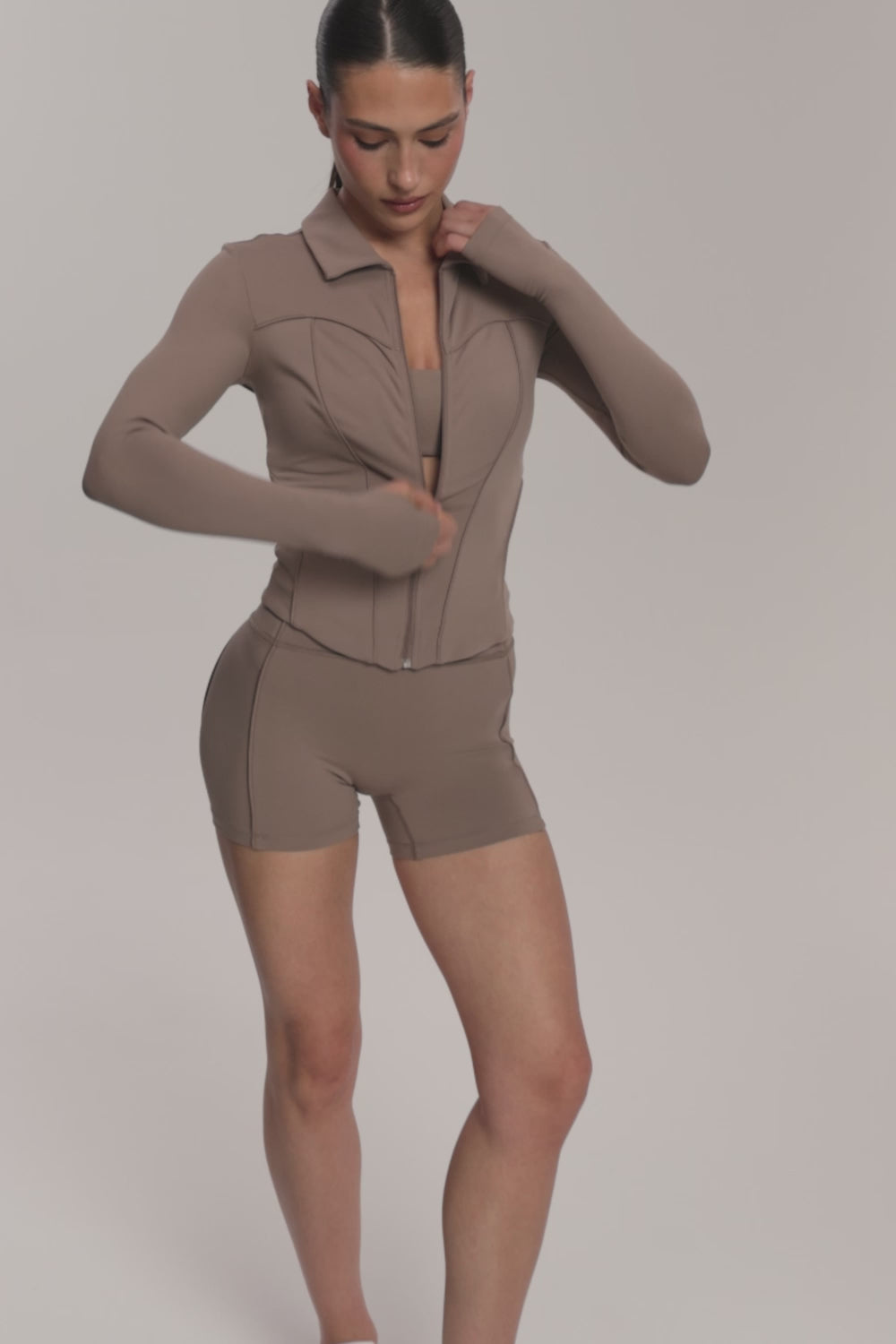 Mikina na zips pilates era warm beige